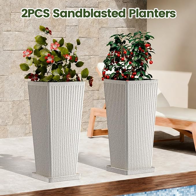 Front Porch Planters Outdoor Set of 2, 24" Tall Plastic Planters for Outdoor Plants with Drainage, Extra Large Outdoor Planter Pots, Tapered Tall Planters for Front Door & Indoor Plants, White