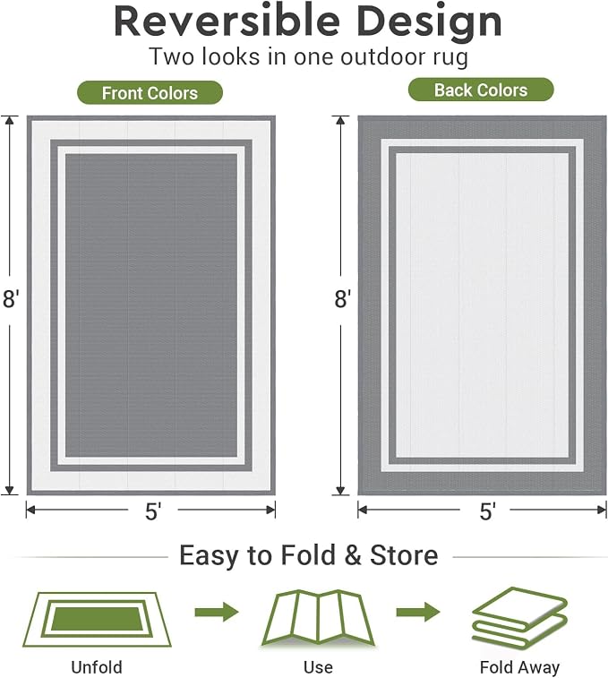 Mattitude Outdoor Rug Reversible Portable Plastic Straw Camping Rugs for Outside RV,Large Waterproof Outdoor Area Rugs for Patio,Deck,Porch,Balcony(5'x 8',White&Gray)