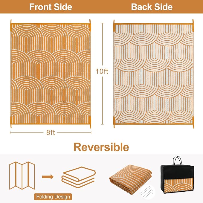 Lahome Outdoor Area Rugs 8x10 Waterproof, Plastic Reversible Rv Mats for Outside, Portable Lightweight Camping Carpet for Beach Backyard Garden (Rainbow Orange, 8'x10')