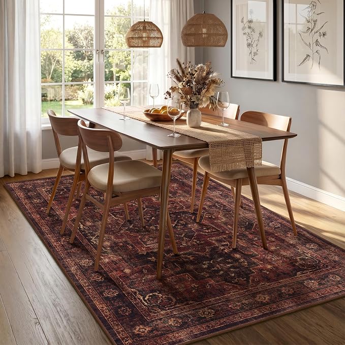 Dark Red 5x7 Area Rugs for Living Room, Washable Non Slip Bedroom Rug with Moody Distressed Medallion Printed, Traditional Oriental Low Pile Thin Carpet Rugs for Dining Room/Kitchen/Home Office