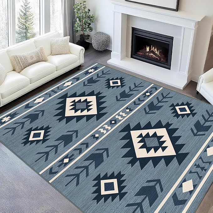 Area Rug 6x9 Western Rug Living Room Southwestern Aztec Tribal Rugs Southwest Navajo Machine Washable Non-Slip Printed Low-Pile Floor Carpet for Bedroom Dining Room Office, Blue