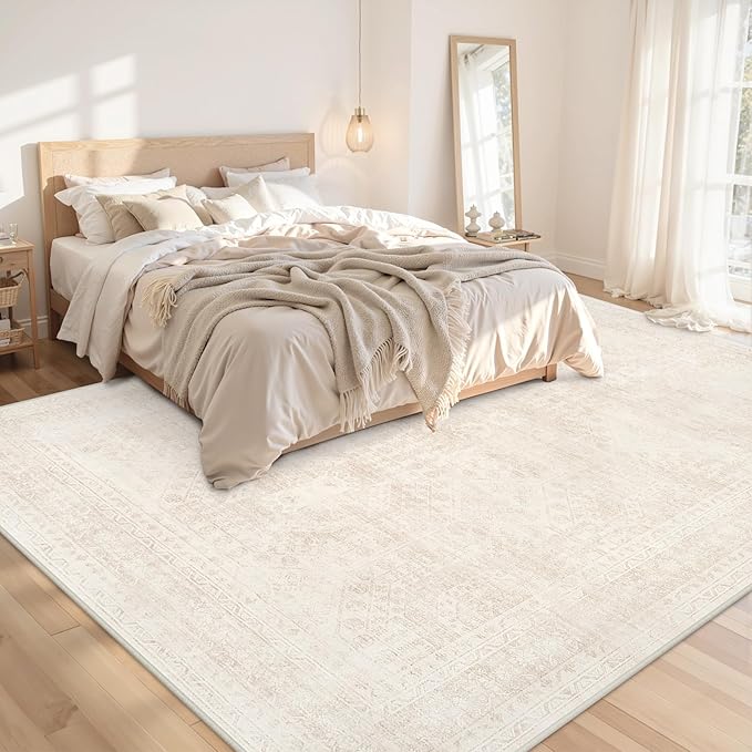 Area Rugs 9x12 Living Room: Bedroom Neutral Washable Carpet Beige | Large Vintage Boho Indoor Decor Carpets Soft Nursery Farmhouse Dining Room Office Floor Non-Slip Low Pile Under Table Rug