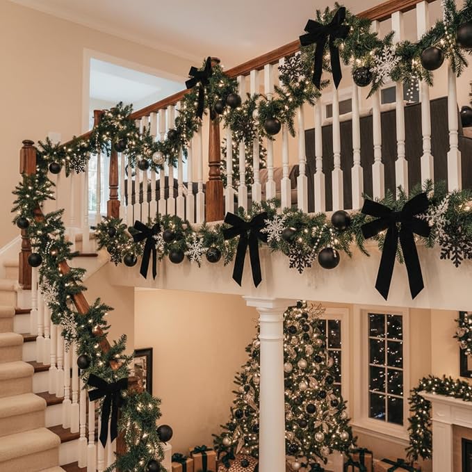 Soulchen 12 Pcs 20 Inches Christmas Garland Ties with Large Velvet Bows Reusable Holiday Wreath Twist Tie Bows for Banister Christmas Tree Indoor Outdoor Party Decorations (Black)