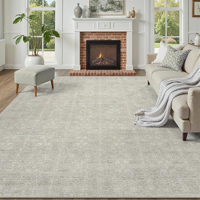 DCX Washable 6x9 Area Rug for Living Room, Soft Beige Gray Neutral Floral Rug with Non-Slip Rubber Backing, Kid & Pet Friendly Low Pile Stain Resistant Carpet for Bedroom, Nursery