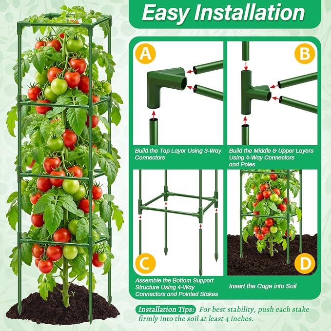 6 Pack Square Tomato Cages for Garden, 60 Inch Adjustable Tomato Stakes, Metal Tomato Trellis, Garden Plant Support for Potted Climbing Plants, Vegetables Flowers Fruits, Raised Garden Bed