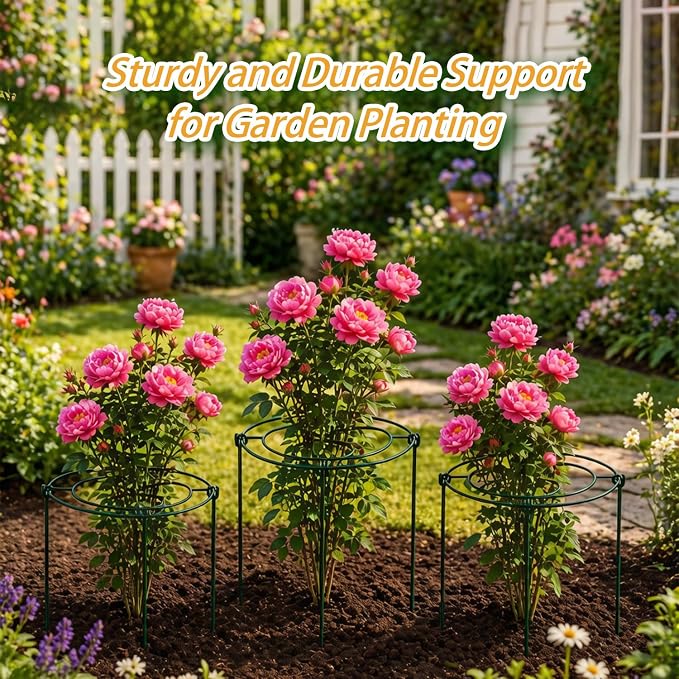 (6 Sets) Peony Cages and Supports, 16" Diameter, 4 x 24 Inches Legs, Heavy Duty Rust-Proof Grow Through Plant Support for Outdoor Flower Plants, Metal Grid Ring Hoop for Peonies, Roses, Orchids