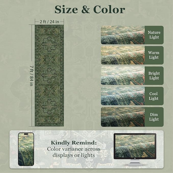 Dark Green 2x7 Hallway Runner Rug, Moody Vintage Medallion Entryway Rugs for Inside House Mudroom, Kitchen Runner Rugs Non Skid Washable, Carpet Runner for Bathroom Laundry Room Bedroom