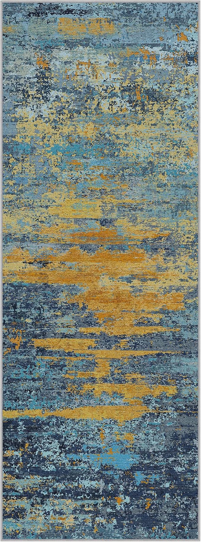 BEIMO 2x8 Non Slip Runner Rugs for Hallway, Wave Abstract Blue Orange | Soft Machine Washable Modern Runners,Streaks Pattern Indoor Marble Carpet for Kitchen Laundry Room Bedroom Bathroom
