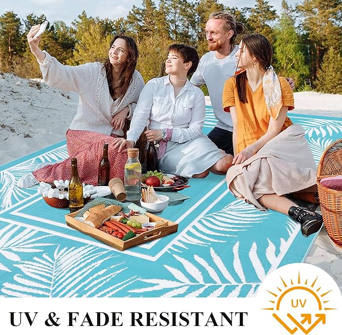Bsmathom Waterproof Outdoor Rug 9x12ft Large Reversible Boho Plastic Straw Patio Deck Camping Rugs, Indoor Outdoor Portable RV Mat Carpet for Outside, Porch, Balcony, Backyard, Beach, Pool,Teal