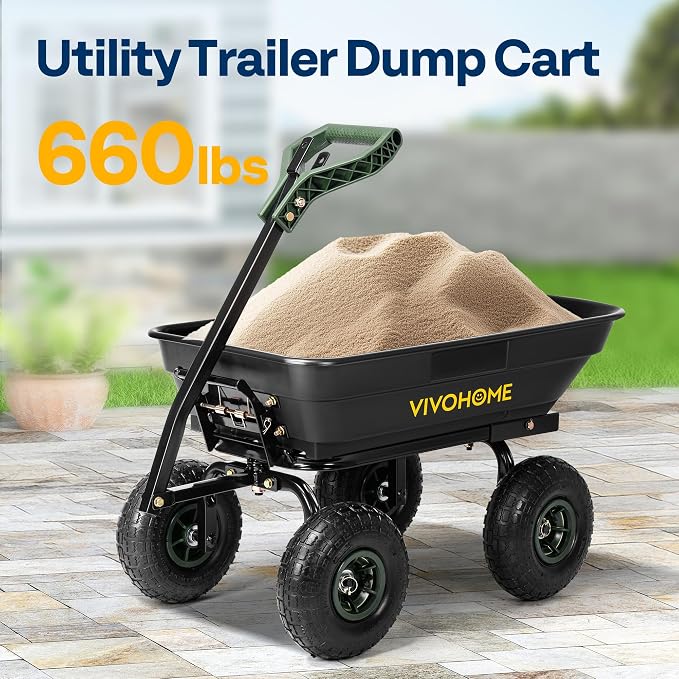VIVOHOME 660lbs Wheelbarrow Dump Garden Cart with 2-in-1 Convertible Handle | Attach to ATV or Tractor, 10" All Terrain Wheels, Heavy Duty Utility Trailer for Yard