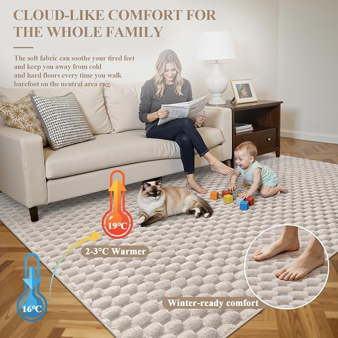 6x9 Area Rug for Living Room, Beige Washable 3D Bubble Bedroom Rug | Non Slip High Low Pile Hexagon Floor Mat for Dorm, Modern Soft Fluffy Carpet for Dining Room, Office and Nursery