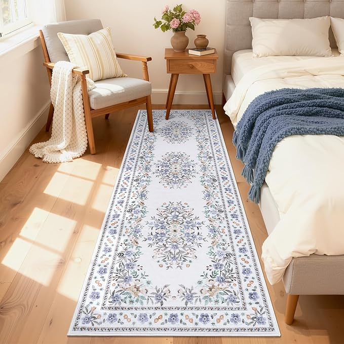 GarveeHome 2x6 Floral Runner Rug for Nursery Vintage Flower Runners | Washable Non-Slip Low Pile Botanical Floor Carpets for Bedroom Multi-Color Floral Area Rugs for Hallway Kitchen Beige