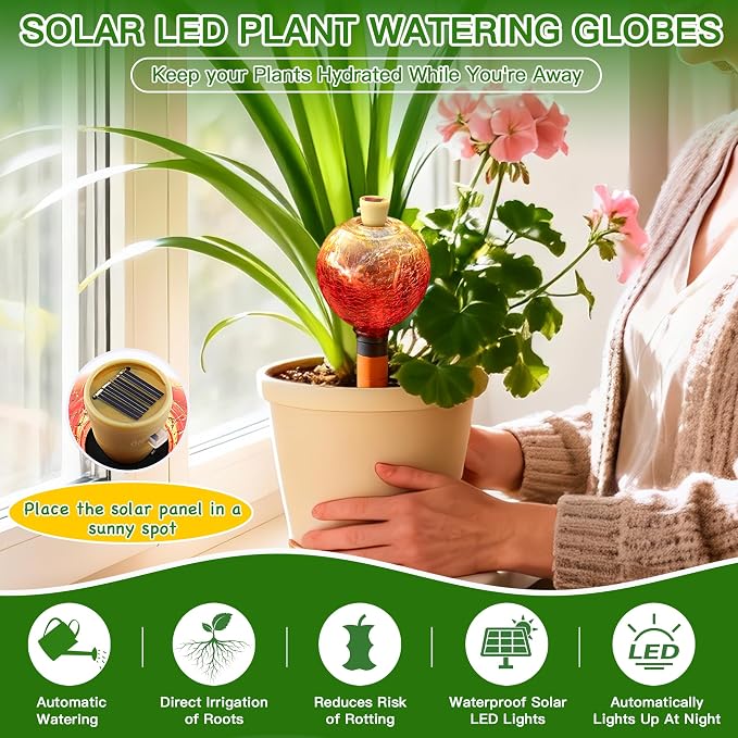 VOREEN Crackle Glass Plant Watering Globe with Terracotta Spike,Self-Watering Irrigation for Potted Plants, with Solar Accent Light for Indoor & Outdoor Décor, 17oz, Gold–Red Gradient