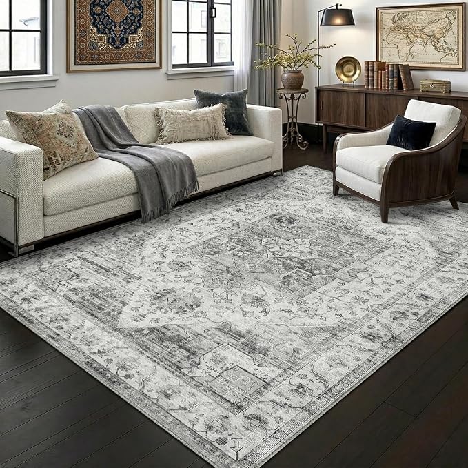 9x12 Area Rugs Washable Large Vintage Rug for Living Room Bedroom | Farmhouse Boho Floral Neutral Washable Stain Resistant Indoor Carpet for Bedroom Office and Home Decor (Black&Grey)