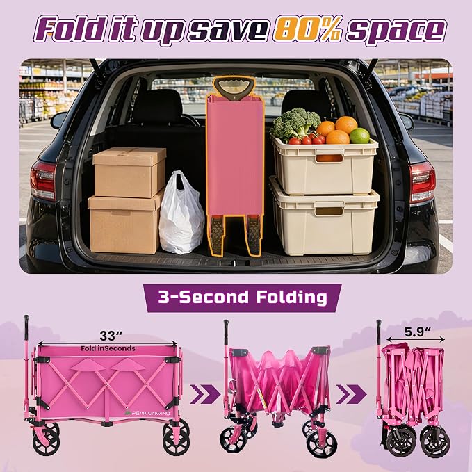 Wagons Carts Foldable,Collapsible Wagon with Wheels,450LBS Heavy Duty Beach Wagon Cart,Lightweight Portable Folding Utility Wagon Cart with Cup Holders for Camping, Garden, Sports, Grocery pcs (Pink)