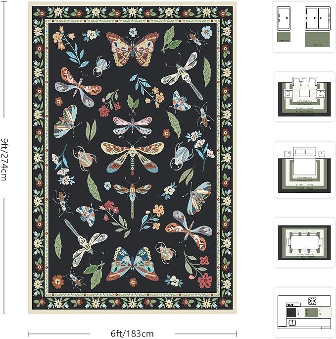 Rugs for Living Room, Insect 6x9 Washable Rug Non Slip with Rubber Back, Ultra Soft Large Area Rug for Bedroom, Dining Room, Nursery(Dark Black Butterfly)