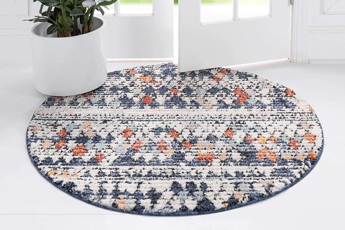Unique Loom Morocco Collection Abstract Border, Diamond, Bohemian Area Rug (7' 0 x 7' 0 Round, Multi/Blue)