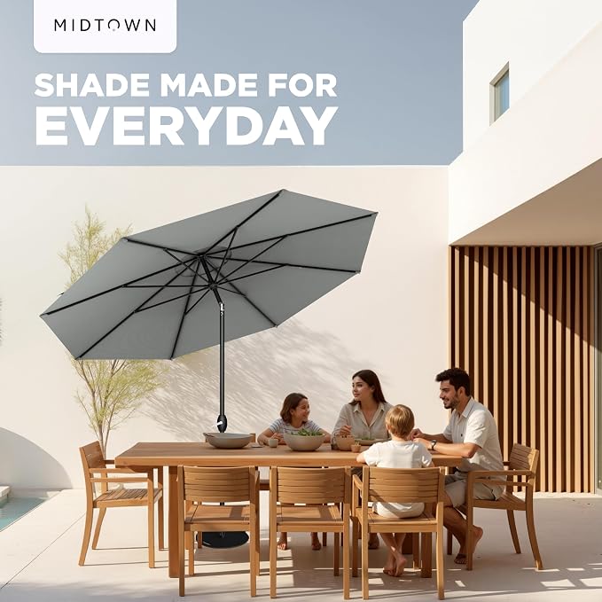 Midtown Umbrellas - 10-Year-No-Fade 10 Ft Patio Umbrella with Terylast Fabric, Auto-Tilt Aluminum Frame and 8 Reinforced Ribs for Deck, Pool, Garden & Beach - Matter Grey Canopy, Black Pole