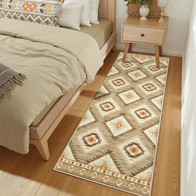 2'x10' Washable Area Rug for Living Room Runner Cream/Camel | Soft Western No Slip Low Pile Print Foldable Indoor Small Rug for Kitchen entrance entryway hallway