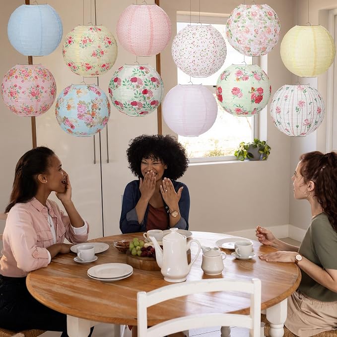 Baquler 12 Pcs Floral Paper Lanterns Tea Party Decorations 10 Inch Wildflower Floral Ceiling Hanging Paper Lanterns for Wedding Bridal Birthday Party Outdoor Festival Hanging Decoration