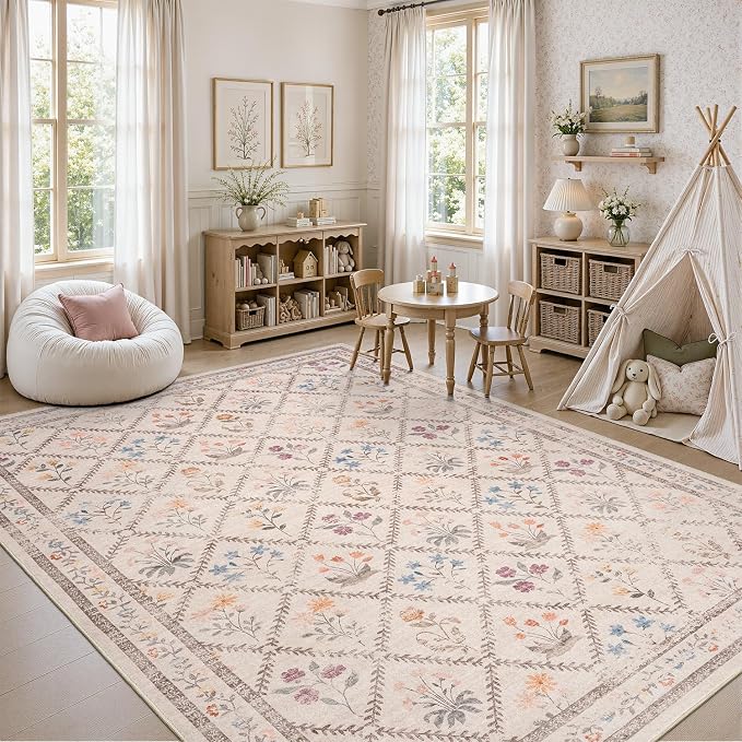 DCX Washable 8x10 Rose Biege Floral Rug for Girls Bedroom | Soft Cottagecore Rug for Baby Girl Nursery, Non Slip Low Pile, Kid & Pet Friendly Vintage Botanical Carpet
