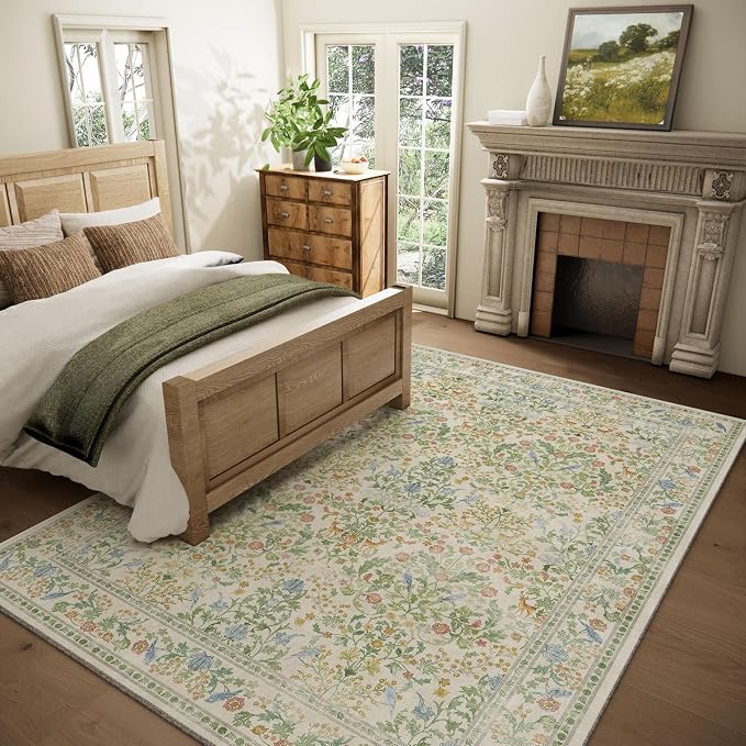 Washable Area Rugs for Living Room: 9x12 Bedroom Rug Boho Vintage Stain Resistant Non Slip Low Pile Lightweight Soft Carpets for Dining Room Kitchen Nursery Kids Room Farmhouse Living Room