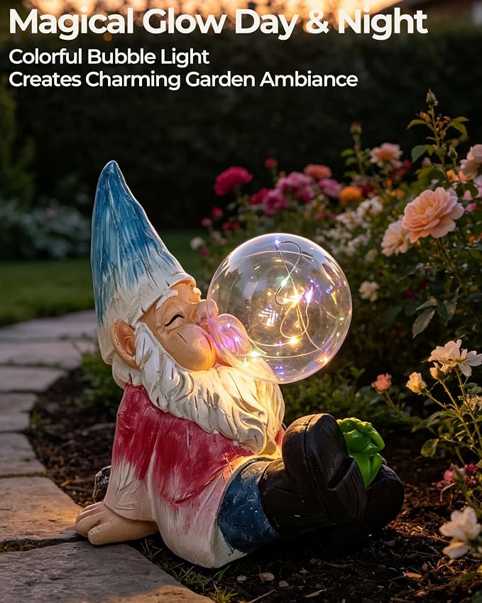 Solar Garden Gnome Statue with Colorful Glowing Bubble Light | Waterproof Resin Garden Statue, Outdoor Garden Decor for Patio, Yard, Lawn & Pathway, LED Figurine Light, 7.6 Inch