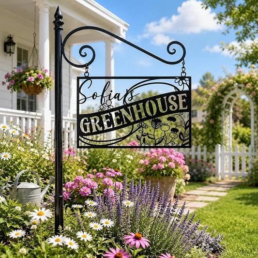 Personalized Greenhouse Sign, Custom Metal Garden Plaque with Family Name, Rustic Outdoor Wall Art for Garden Decor, Unique Mother's Day & Gardener Gift for Yard and Patio