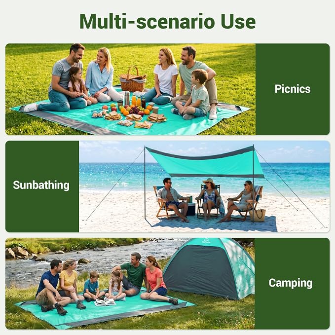 Wolfwise 78" × 108" XXL Beach Blanket, Waterproof & Sandproof Picnic Mat with 4 Sand Pockets & 4 Stakes, Windproof Outdoor Camping Beach Mat, Lightweight, Fits 6 People, Green