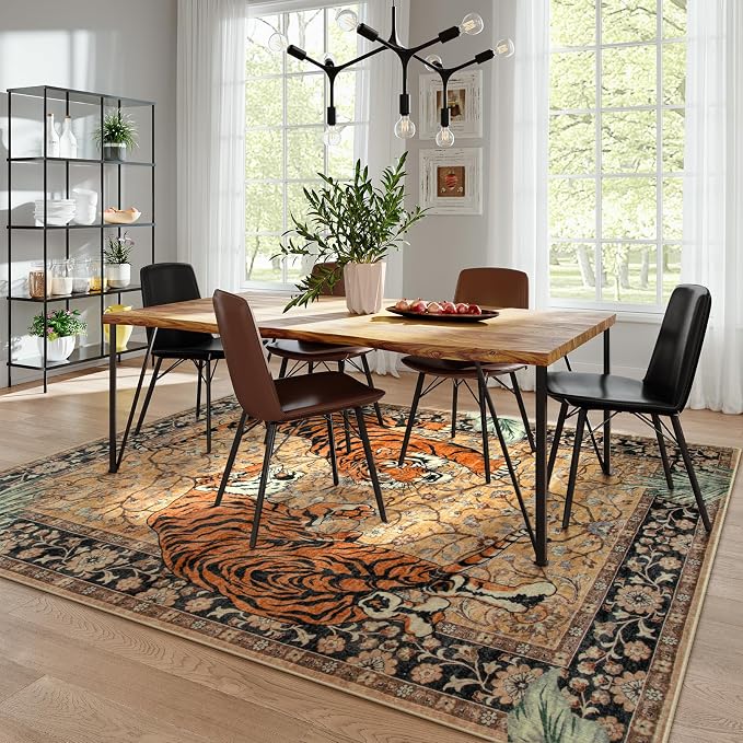 Moynesa Tiger 8x10 Area Rug, Washable Boho Rugs for Living Room, Vintage Large Soft Dining Room Rug, Non Slip Ultra Thin Stain Resistant Floor Carpet for Home Office Bedroom, Camel