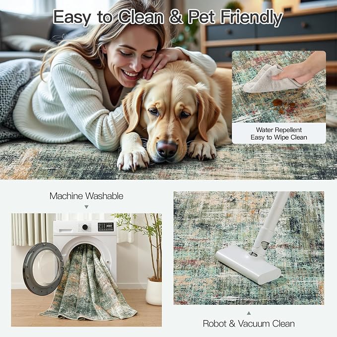 5x7 Area Rug for Living Room, Abstract Washable Non-Slip Rugs, Coffee/Green | Neutral Modern Carpet for Bedroom Dining Room Home Office Nursery, Stain Resistant Non-Shedding Foldable Indoor Rug
