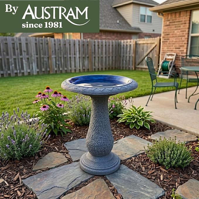 Pedestal Bird Bath Bowl 23 Inch Sea Blue - Stone-Resin Composite Bird Baths for Outdoors - Decorative Standing Outdoor Garden Decor for Front Porch Patio Yard Backyard Lawn Ornament