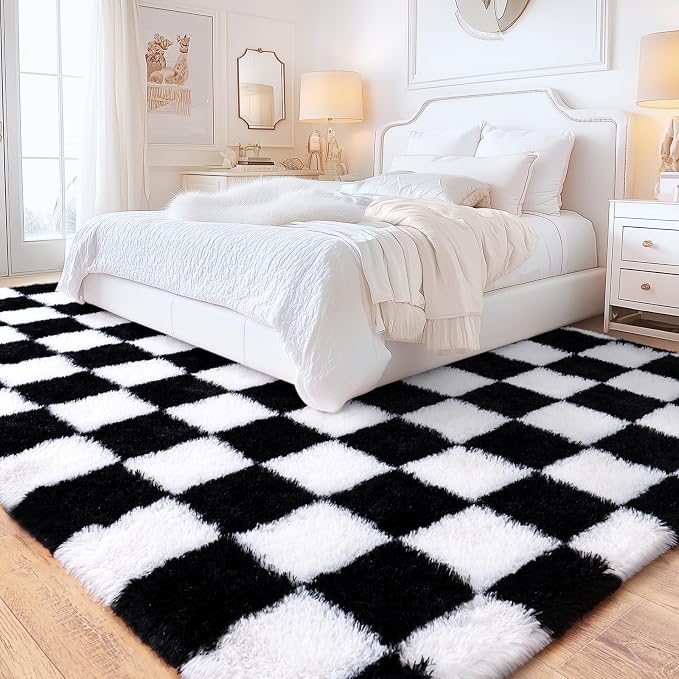 Checkered Rug 9x12 for Living Room, Ultra Fluffy Fuzzy Shag Black and White Large Area Rug for Bedroom, Modern Plush Soft Upgrade Non-Slip Carpet for Kids Girls and Boys Room Dorm Home Decor