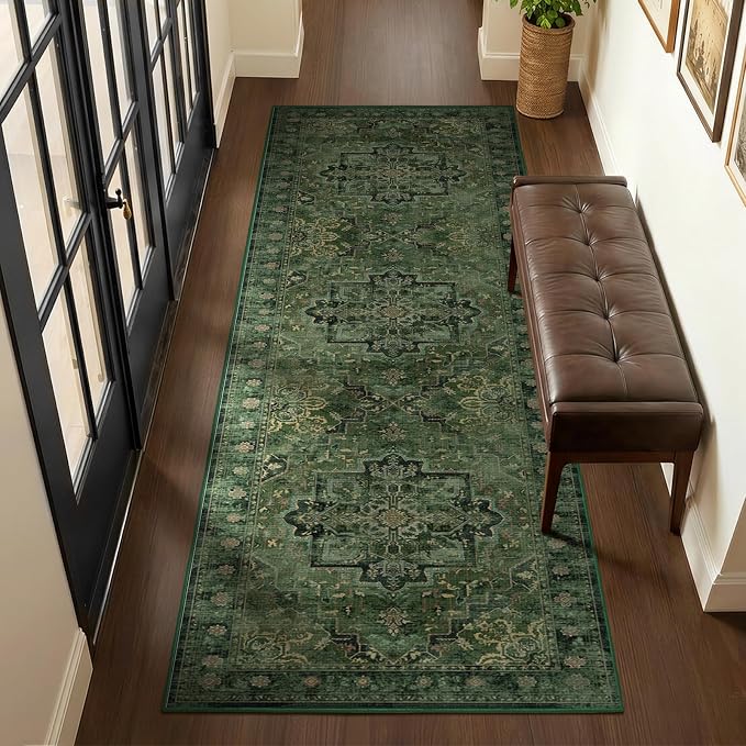 Green Medallion 3x7 Hallway Runner Rug, Washable Non Slip Runners for Kitchen Floor, Low Pile Thin Distressed Vintage Runner Carpet for Entryway/Mudroom/Foyer/Bathroom/Bedroom