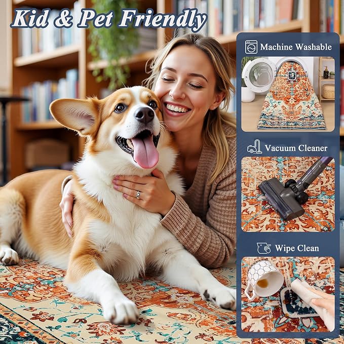 U'Artlines Boho Vintage Area Rug 3x5 Machine Washable Carpet,Orange/Multi | Low Pile, Non Slip, Ultra-Thin Soft Floor Carpet, Accent Rug for Living Room Bedroom Entryway Dining Room Office