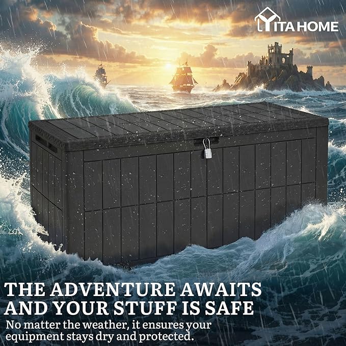 YITAHOME 134 Gallon Large Outdoor Storage Box with Lock | Waterproof Deck Box with Hydraulic Piston for Garden Tools, Pool Accessories & Cushions, Resin Deck Organizer with Bench