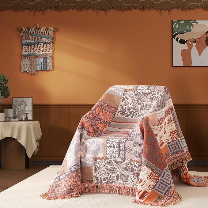 Phuryllic Boho Throw Blanket Full Size, Extra Large Soft Cozy Cotton Muslin Quilt Blanket for Bed Decor, Patchwork Block Couch Sofa Chair Cover, Vintage Farmhouse Cottage Woven Blanket, Red&Orange
