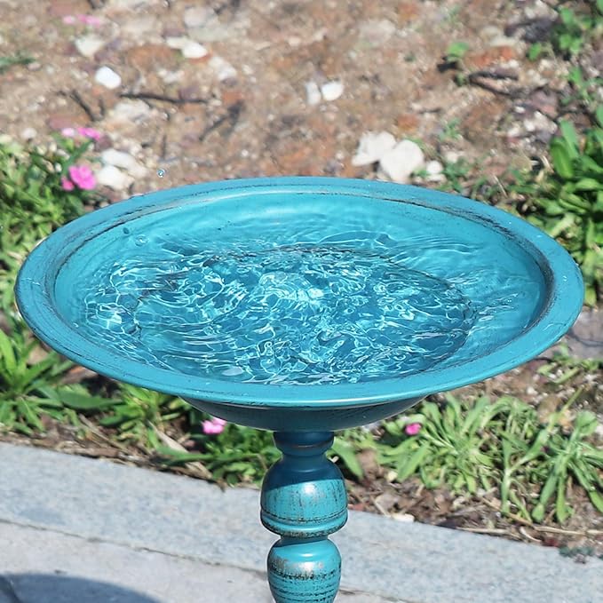 26.6"H Cast Iron Pedestal Bird Bath,Metal Birdbath for Outdoors (Blue) | Bird Bath for Outside,Tall Bird Baths,Bird Feeder Seed Tray for Garden Yard Decor