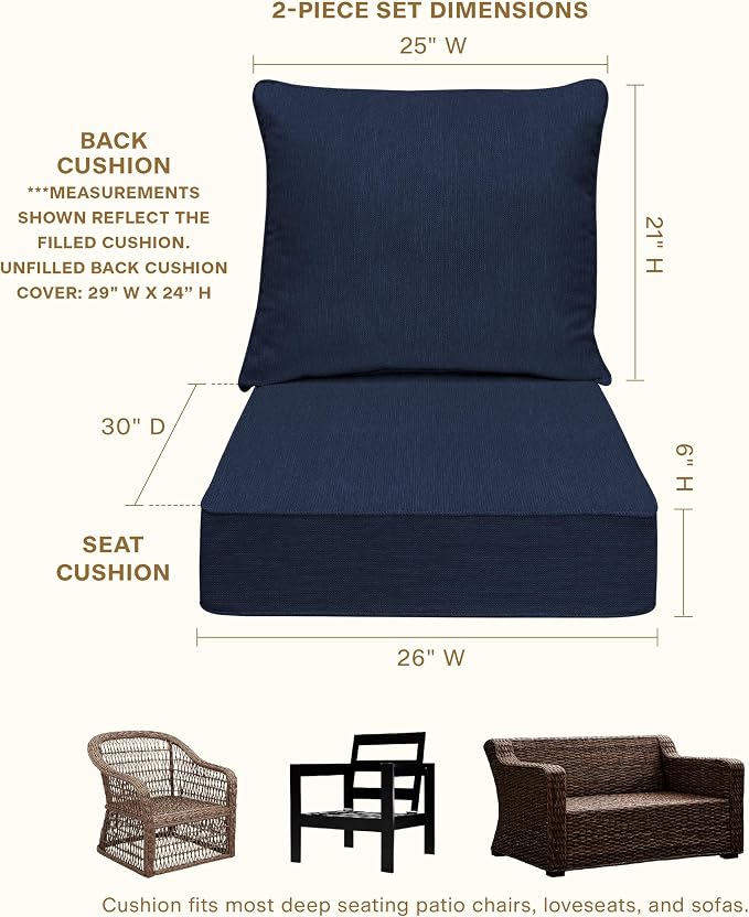 Honeycomb Outdoor Heritage Deep Seat, 26 x 30, Textured Solid Indigo Blue Chair Cushion with Removable Cover, for Patio Furniture