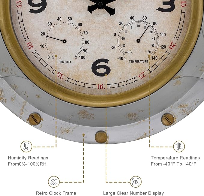 OCEST 18 Inch Outdoor Wall Clock with Thermometer and Hygrometer, Lightweight Waterproof Silent Clock with Large Easy-to-Read Numbers for Patio, Garden & Porch, Vintage Style