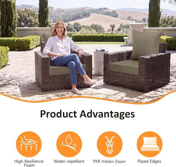 Unimatta Outdoor Patio Chair Cushions Set, 24" x 24"(24x24 Back), Set of 2, Water-Repellent, Fade Resistant, Deep Seat Bottom and Back Cushion for Backyard, Couch, Sofa, Coffee Brown