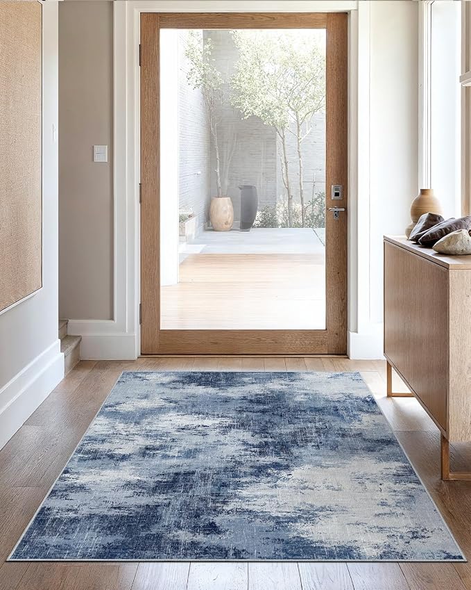 3x5 Area Rug for Bedroom, Modern Abstract Washable Rug with Non-Slip Backing & Low Pile Indoor Carpet for Living Room Dorm Bedside Entryway Office, Dark Blue