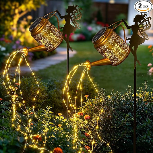 2 Pack Solar Watering Can Lights Outdoor Waterproof, Solar Garden Decorations with Fairy Cutouts, Magical Solar Lights for Yard Patio Lawn, Gardening Gifts for Mom Women