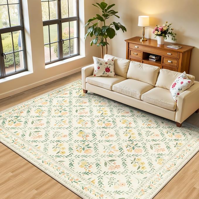 PLHXFR 6x9 Area Rug Living Room: Floral Washable Boho Carpet Beige Multi | For Bedroom Dining Room Farmhouse Nursery Hallway,Vintage Floral,Machine washable,Non Slip,Stain Resistant,Large Indoor