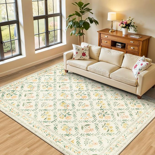 PLHXFR Area Rug Living Room: 4x6 Floral Washable Boho Carpet Beige Multi | For Bedroom Dining Room Farmhouse Nursery Hallway,Vintage Floral,Machine washable,Non Slip,Stain Resistant,Large Indoor