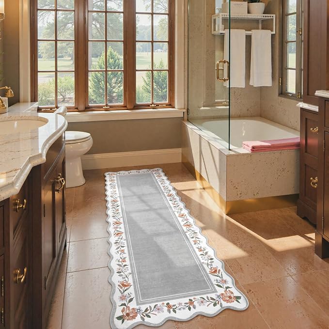 Lahome Grey Scalloped Washable Runner Rug 2x6 for Hallway | Non Slip Backing, Low Pile Soft Boho Floral Runner for Kitchen, Entryway, Laundry, Bedroom, Ariele