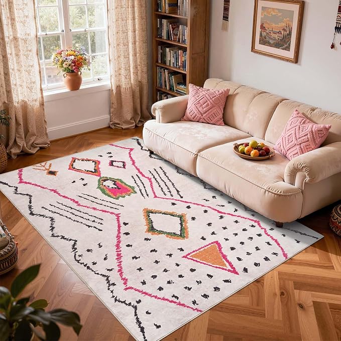 jinchan 5x7 Beige Hot Nerd Rug Modern Boho Geometric Washable Bedroom Rug | Abstract Artwork, Tribal Inspired, Diamond Motifs, Washable, Soft Texture, Non-Slip, Low Pile, Living Room, Dining Room