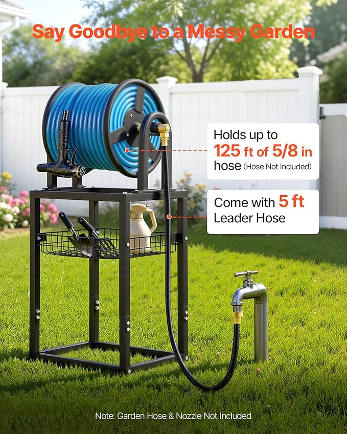 VEVOR Freestanding Garden Hose Reel, Holds 125 Feet of 5/8-inch Hose, Wall Mount or Ground Mount, Detachable Holder Stand with Storage Rack, 5 ft Leader Hose, Brass Fitting, 4 Spikes, for Backyards