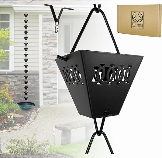 U-nitt Rain Chain Water Collection for Gutters Rainwater Catcher & Diverter, 8.5 FT Chains for Outside Garden, Black Square Cups, Roof Downspout, Works with Heavy Rain, w/Gutter Clip for Rainchains