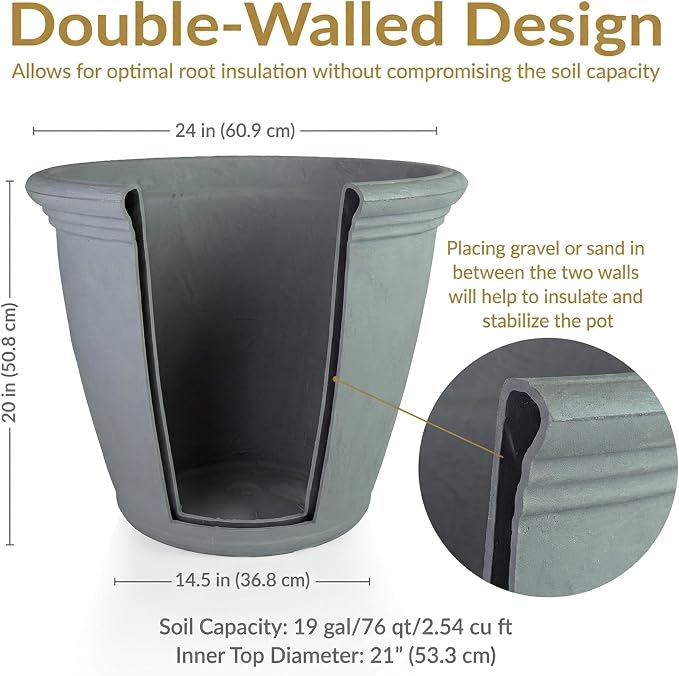 Sunnydaze 24-Inch Anjelica Large Plastic Pot for Plants - Outdoor Double-Walled Large Plastic Planter with Drillable Drainage Holes - Light Gray - 4pk